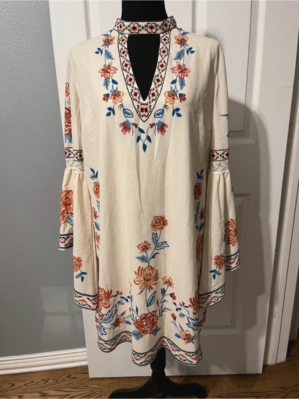 Flying Tomato Cream Mini Dress with Rust and Blue Floral Embroidery